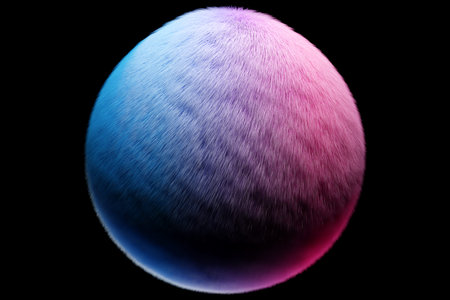 3d illustration blue pink fluffy ball on black isolated background. fur pomponの写真素材