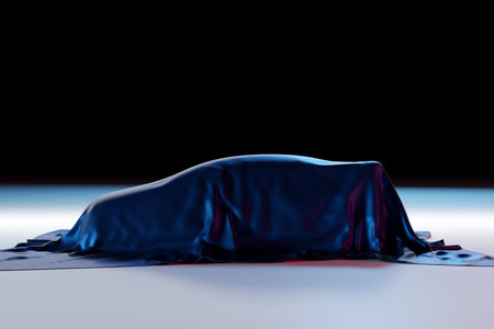 3d illustration of the outline of a racing car under a cloth with reflections on a black background. Surprise gift carの写真素材