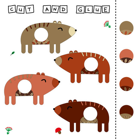 Developing an activity for children, the task is to cut and glue a piece on colorful cute bears. Logic game for children.のイラスト素材