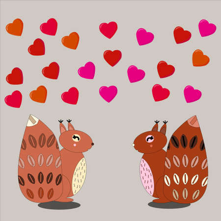 Cute loving squirrels look at each other hearts fly above them on gray isolated backgroundのイラスト素材
