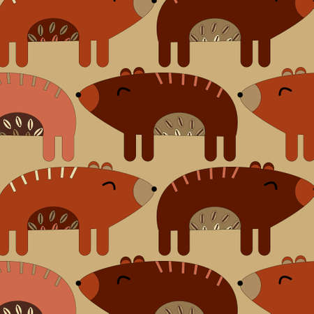 Pattern with painted colorful bears. Can be used for wallpaper, textiles, packaging, cards, covers. Small cute animal on a brown background.のイラスト素材