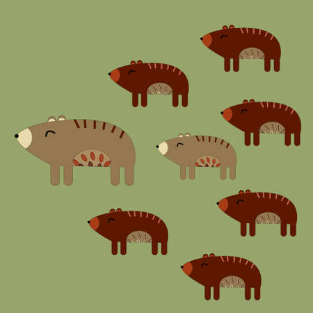 A cute family of bears with mom, daughters and one son on green isolated backgroundのイラスト素材
