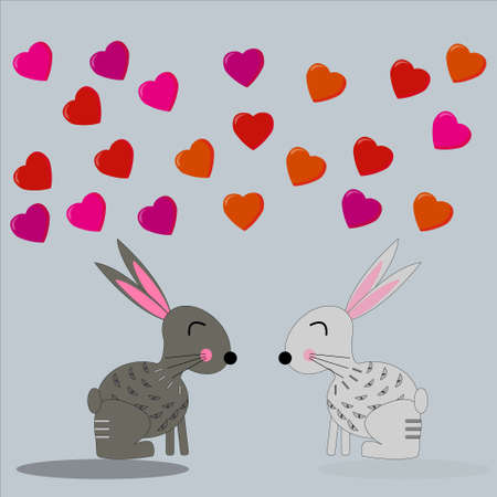 Cute loving rabbits look at each other hearts fly above them on gray isolated backgroundのイラスト素材