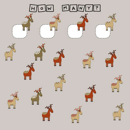 How many counting game with funny deer. Worksheet for preschool kids, kids activity sheet, printable worksheetのイラスト素材