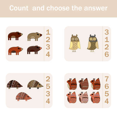How many counting game with funny forest animals, squirrels, bears, hedgehogs, owls. Preschool worksheet, kids activity sheet, printable worksheetのイラスト素材