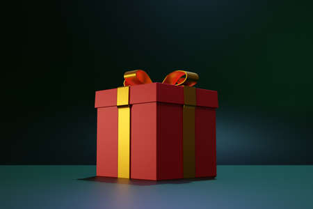3d illustration of gifts in a beautiful red packaging box, a satin ribbon bow on a dark background. Holiday attributes, gift set.の写真素材