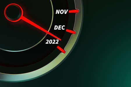 3D illustration close up black speedometer with cutoffs 2021,2022 and calendar months. The concept of the new year and Christmas in the automotive field. Counting months, time until the new yearの写真素材