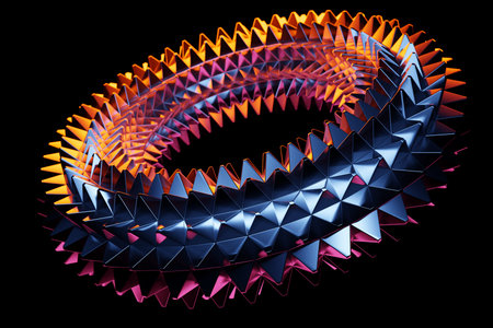 3D rendering abstract silver metal round fractal, portal with spikes under neon pink lights. round...