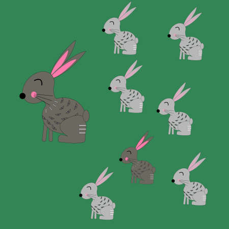 Cute animals rabbits happy family, with father and children, son and daughters on green isolated background, vector illustration.のイラスト素材