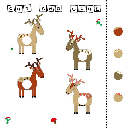 Developing an activity for children, the task is to cut and glue a piece on colorful cute deer. Logic game for children.のイラスト素材