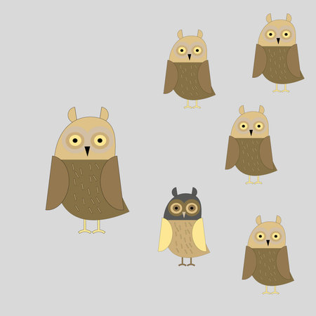 Cute animals owl happy family, with father and children, sons and one daughter on green isolated background, vector illustration.のイラスト素材