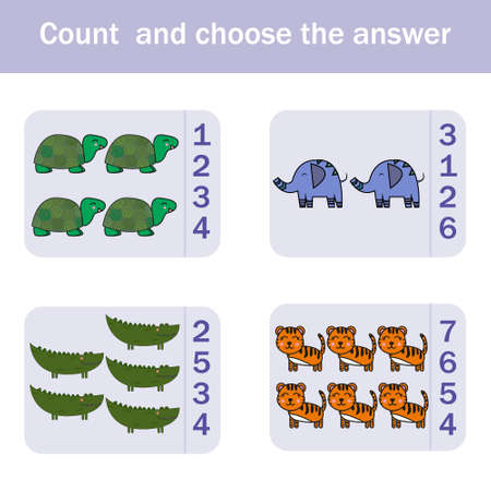 How many counting game with funny forest animal turtles, elephants, tigers, crocodiles. Preschool worksheet, kids activity sheet, printable worksheetのイラスト素材