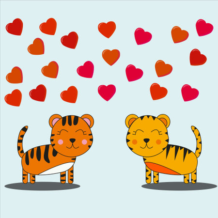 Cute loving tigers look at each other hearts fly above them on beige  isolated backgroundのイラスト素材