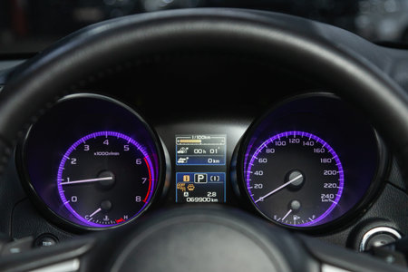 Car panel, digital bright speedometer, odometer and other toolsの写真素材