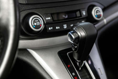 Close-up view of the automatic gearbox lever. Interior car, automatic transmission gearshift stickの写真素材