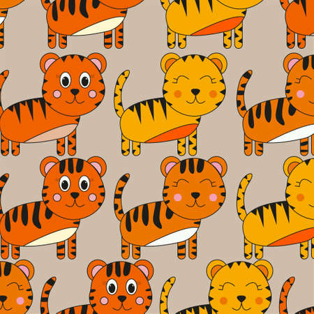 Pattern with painted colorful tigers. Can be used for wallpaper, textiles, packaging, cards, covers. Small cute animal on a beige background.のイラスト素材