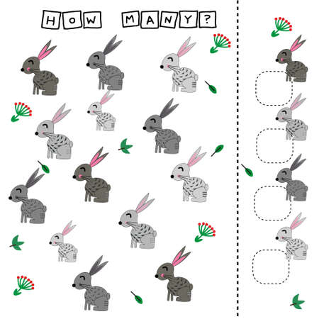 How many counting game with funny rabbits. Worksheet for preschool kids, kids activity sheet, printable worksheetのイラスト素材
