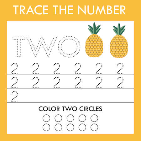 An educational activity for children - line drawing of the number two with an illustration of fruits pineapple. Logic game for children.のイラスト素材