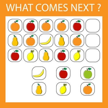 An educational activity for children - to make a logical chain of fruits apples, oranges, bananas, pears, lemons. Which fruit is next?のイラスト素材