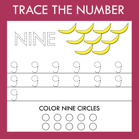 An educational activity for children - line drawing of the number nine with an illustration of fruits bananas. Logic game for children.のイラスト素材