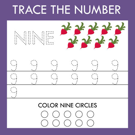 An educational activity for children - line drawing of the number nine with an illustration of vegetables radish. Logic game for children.のイラスト素材