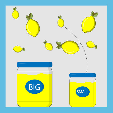 Developing activity for children, sort lemons into small and large ones according to jars. Logic game for children.のイラスト素材