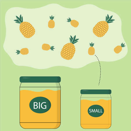 Developing activity for children, sort pineapples into small and large ones according to jars. Logic game for children.のイラスト素材