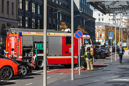Moscow, Russia - October 13, 2021: Fire truck car with rescuers waiting for a call in a parking lot...