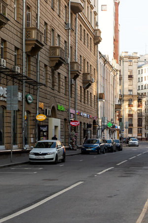 Moscow; Russia - October 14; 2021: view of a city street, a street with old buildingsのeditorial素材