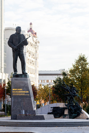 MOSCOW, RUSSIA - OCTOBER 13, 2021: close-up monument to Mikhail Kalashnikov against the streetのeditorial素材