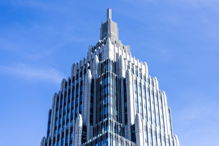 Moscow, Russia - October 13, 2021: Close-up of a high-rise building business center Armory against...