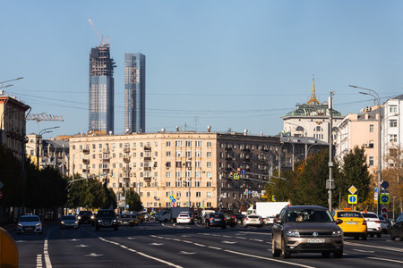 Moscow, Russia - October 14, 2021: contrasting city of old high-rise buildings and skyscrapersのeditorial素材