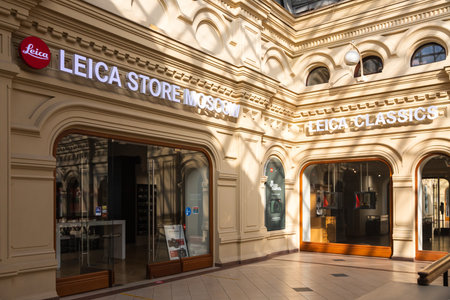 Moscow, Russia - October 14, 2021: Window of a Leica store. Show window of Leica store Moscow boutique shop in GUM department storeのeditorial素材