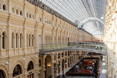 Moscow, Russia - October 14, 2021: Corridor with bridges of the famous GUM, a large store opposite Red Square. GUM main universal country's storeのeditorial素材