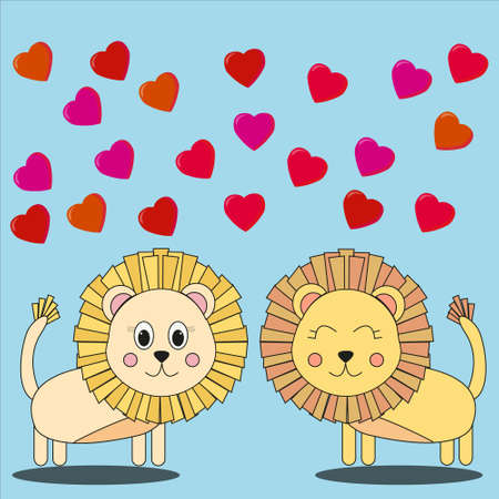 Cute loving lions look at each other hearts fly above them on blue isolated backgroundのイラスト素材