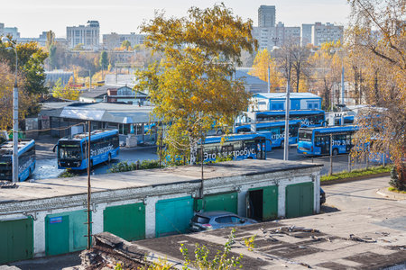 Moscow, Russia - October 14, 2021: blue new city electric buses stands at parkingのeditorial素材