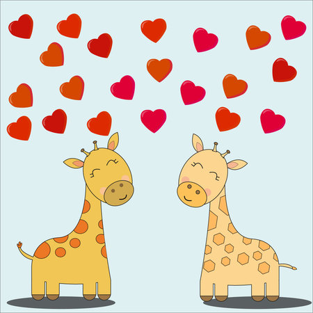 Cute loving giraffes look at each other hearts fly above them on beige isolated backgroundのイラスト素材