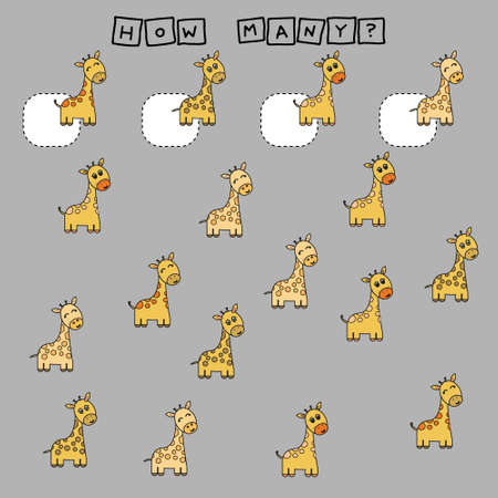 How many counting game with funny forest animal giraffes. Preschool worksheet, kids activity sheet, printable worksheetのイラスト素材