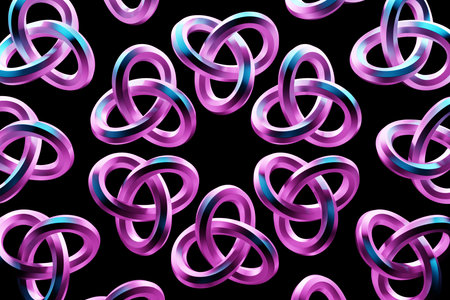 3D illustration of a pattern pink and blue glowing, luminous torus shape on black isolated backgroundの写真素材