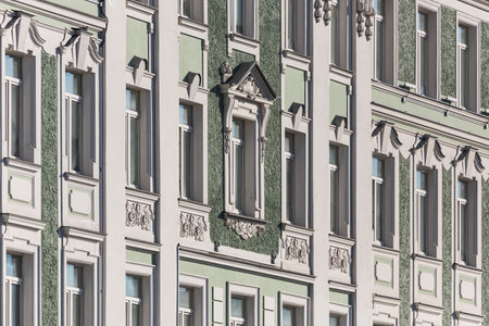 MOSCOW, RUSSIA - OCTOBER 15, 2021: the faÃ§ade is a classic stone building with windows, column. Soviet architectureのeditorial素材