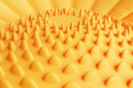 3D illustration of rows of yellow bumps. A set of pimples on a monochrome background, pattern. Geometric backgroundの写真素材