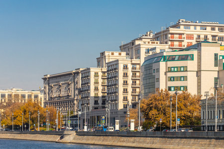 Moscow, Russia - October 14, 2021: an elite modern residential complex on the Moscow embankment on an autumn dayのeditorial素材