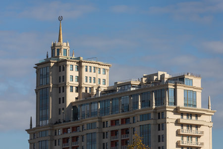 Moscow, Russia - October 14, 2021: close up of the facade of the historical building of the residential complex Imperialのeditorial素材