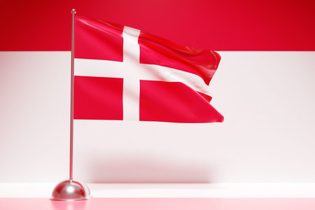 3D illustration of the national flag of Denmark on a metal flagpole fluttering .Country symbol.