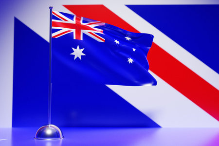 3D illustration of the national flag of Australia on a metal flagpole fluttering .Country symbol.