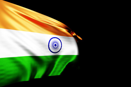 3D illustration of the national flag of India on a metal flagpole fluttering against the blacl...
