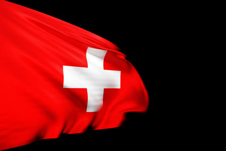 3D illustration of the national flag of Switzerland on a metal flagpole fluttering against the blacl...