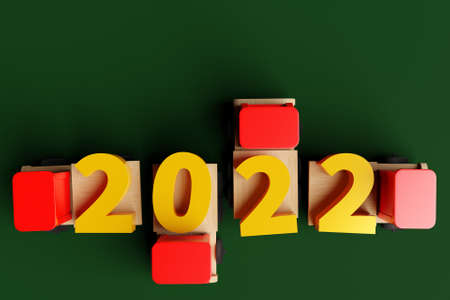 3D rendering of New Year's date 2022 on a kids toy truck. Image of a calendar. Symbol of the coming year. Changeability of years.の写真素材