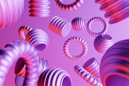 3D rendering of an abstract silver metallic round fractal, a portal with spikes under neon lights...