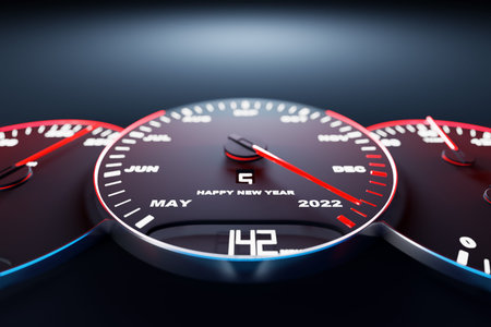 3D illustration close up black speedometer with cutoffs 2022 and calendar months. The concept of the...